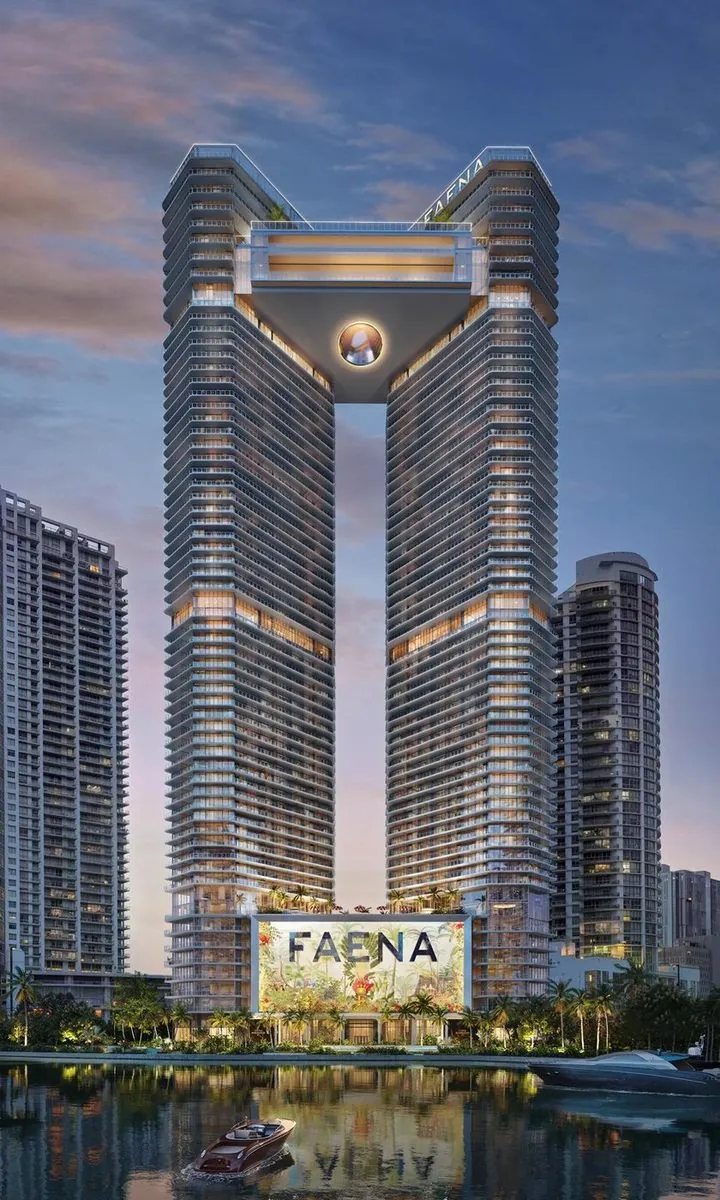 Faena Residences Miami — twin towers with Sky Bridge over Miami River